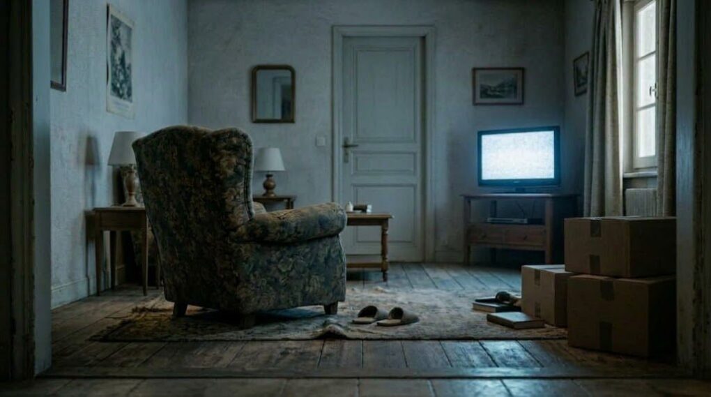 Sillón vacío en un piso antiguo con cajas de mudanza y la luz fría de un televisor, imagen de la amargura de acertar tras el caso Maricarmen