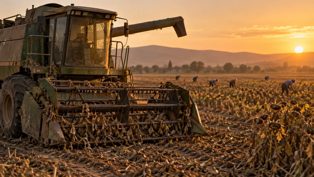Cosechadora parada en un campo mientras al fondo se recoge a mano, imagen de la baja productividad