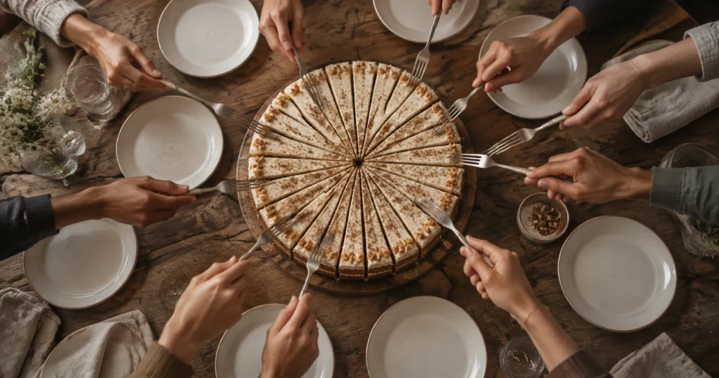Tarta cortada en porciones muy finas rodeada de platos vacíos, metáfora del crecimiento extensivo y el PIB por habitante