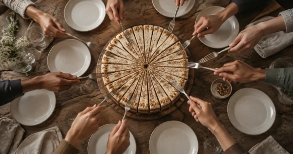 Tarta cortada en porciones muy finas rodeada de platos vacíos, metáfora del crecimiento extensivo y el PIB por habitante