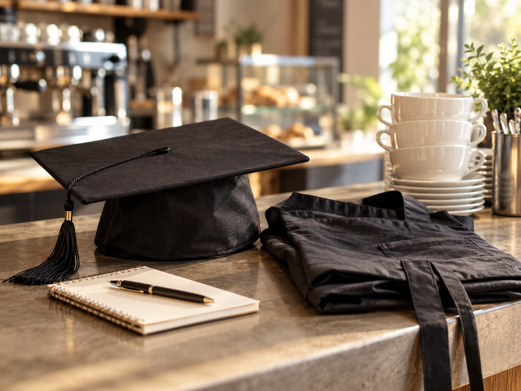 Birrete de graduación junto a un delantal de camarero, símbolo de la sobrecualificación de los jóvenes titulados