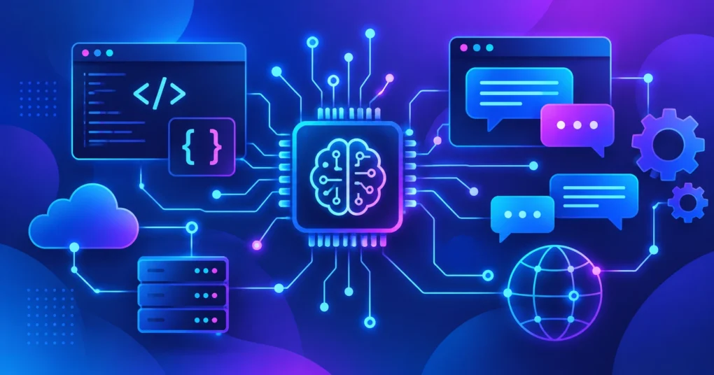 Ilustración abstracta de tecnología con circuito integrado, iconos de código y burbujas de chat sobre fondo degradado azul y violeta. Imagen de cabecera de la sección de noticias de tecnología.