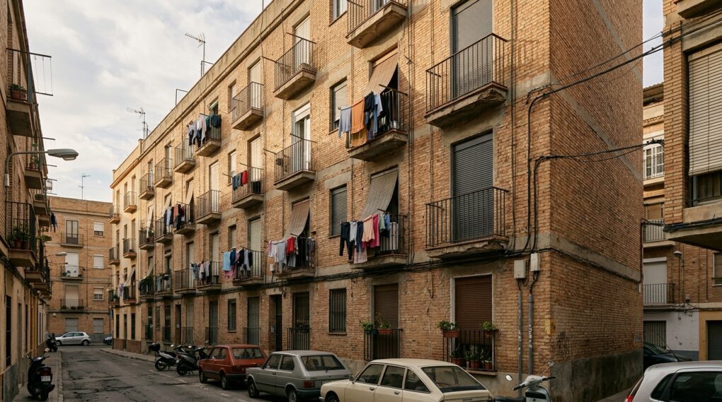 Bloque de pisos de un barrio obrero, símbolo de la crisis de la vivienda en España.